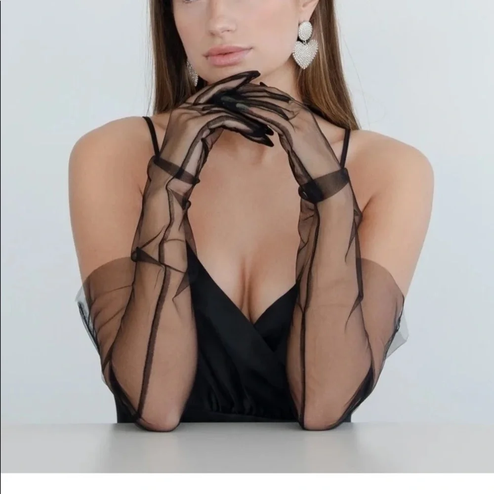 Mesh Kink Long Tulle Crumbling Taffeta Black High Gloves Transparent